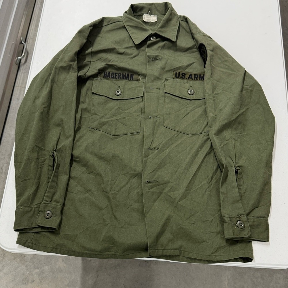 US Army Military Utility Shirt Mens M Green Excellent OG-107 Hagerman Patch